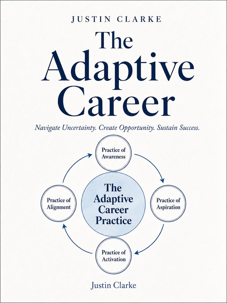 Cover of The Adaptive Career by Justin Clarke, featuring the four practices diagram